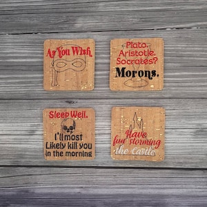 Marriage Princess Embroidered Cork Coasters: Movie Quote Coasters, Set of 4