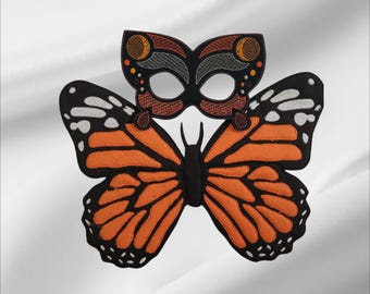 Brown-Orange Butterfly Mask and Wings: Brown-Orange Costume - Embroidered Felt Mask -Pretend Play