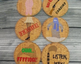 Ralphie's Story Embroidered Cork Coasters - Holiday Drink Coasters - Set of 4