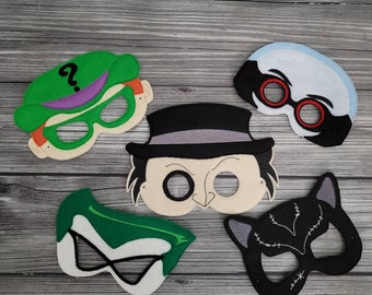 Handgemaakte vilten schurkenmaskers: pinguïn, raadsel, catwoman - verkleedkostuums