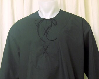 Peasant Tunic in Black Cotton Rayon Blend w/Suede Front Lacing for Viking, Pirate or Vampire Costume, Size L