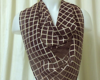 Chocolate Brown Semi-Sheer Triangle Scarf in Cotton Lawn Fabric w/White 'Baseball' Stitching in a Grid Pattern