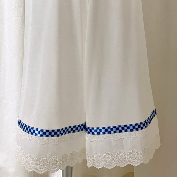 Long Bloomers in White Bamboo Knit w/Cotton Eyelet & Blue Checkerboard Ribbon and White Lace Trim for Historical Costumes, Size S/M