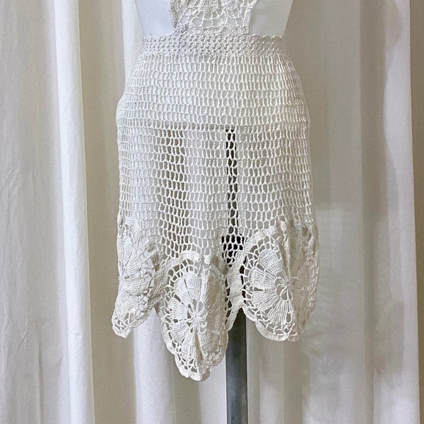 Vintage Off White Crochet Half Apron or Pinafore for Historical Cosplay, Size XS/S