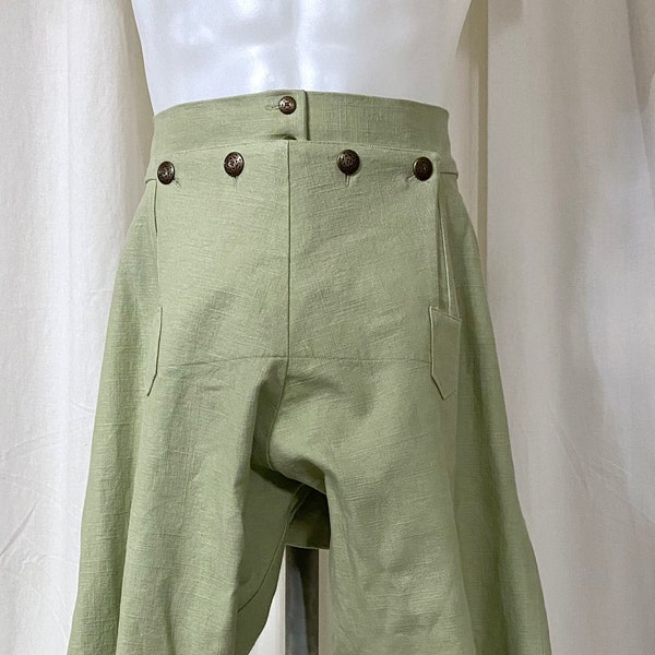 Colonial Breeches, Short Pants in Pale Sage Green Linen w/Front Flap and Front Button Fly, Size XL (W: up to 41")