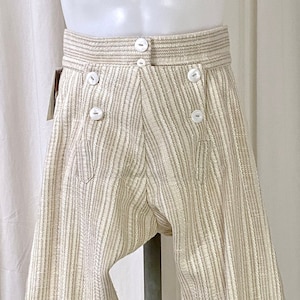 Colonial Breeches in Striped Taupe Flax-Linen w/Front Flap, Front Button Fly, Half Length & Button Calf, Fully Lined (Size S, W: up to 31&quot;)