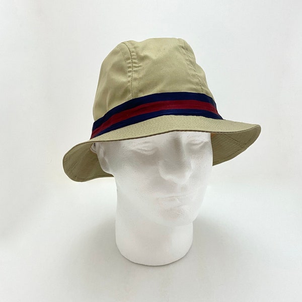 VINTAGE Kangol Design Bucket Hat in Tan Cotton with Navy & Burgundy Hat Band, Size L
