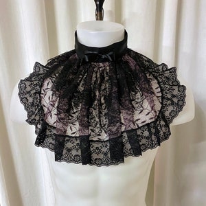 Neck Ruffle in Amethyst Lace Mesh w/Antique Black Laces on a Black Cotton Collar /Black Satin Ribbon Accents and Vintage Button Closure
