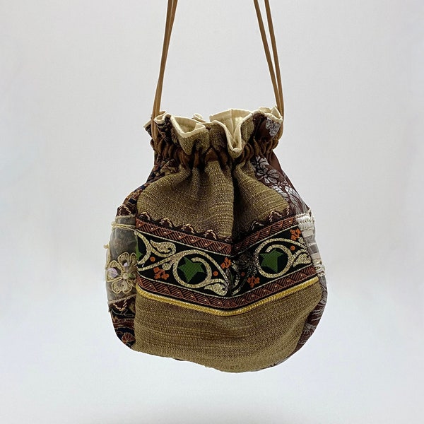 Tapestry Pouch Purse with Up-Cycled Brown Leather, Woven Ribbon Trims, Gold Piping and Bronze Satin Cording Drawstring Handles