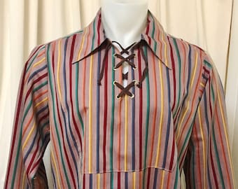 Striped Frontier Shirt in Cotton w/Front Yoke /Pointed Collar and Drawstring Neck Opening /Long Sleeves & Button Cuffs, Size XL