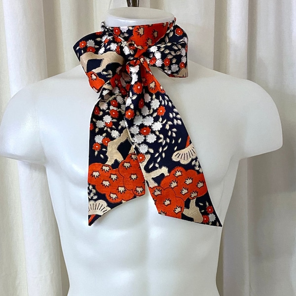 Ascot Tie in Navy Coral and Tan Acetate-Rayon Crepe Fabric w/Square or Pointed Edges for Formal or Retro Cosplay