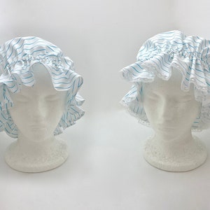 Cotton Mop Cap in White & Teal Stripe with or without White Lace Trim, White Casing with Narrow Elastic, One Size