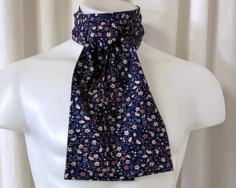 Long Cotton Ascot in Navy Blue & Rose Calico Print Fabric w/Square Ends for Victorian Cosplay, Wedding Attire, Spring Ascot