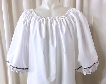 Chemise Top in White Cotton with Red/Blue/Green Woven Ribbon, 3/4 Sleeves with Elastic, Size 3X