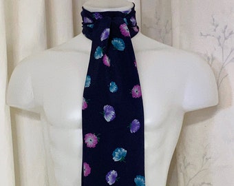 Long Ascot Necktie in Navy Floral Crepe de Chine Fabric w/Square Ends for Victorian, Steampunk, Civil War Cosplay