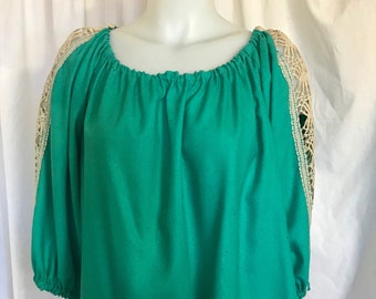 Peasant Top in Teal Green Linen-Silk Blend w/ 3/4 Sleeves and Beige Crochet Inset, Size S