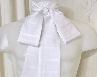 Long White Ascot in Polyester Silk with Alternating Stripes with Square Ends for Victorian Costume, Wedding Attire