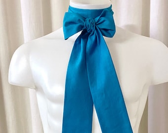 Linen Ascot Necktie in Turquoise Blue w/Square or Pointed Ends for Victorian Costume, Regency Cosplay, Wedding Attire