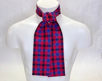 Cotton Ascot in Red Tartan Print w/Square or Pointed Ends for Steampunk Costume or Victorian Cosplay