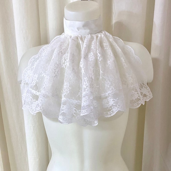 White Long Lace Ascot w/Lace Trim on White Cotton Collar and Vintage 2 Button Closure