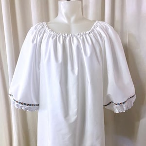 Chemise Top in White Cotton with Red/Blue/Green Woven Ribbon, 3/4 Sleeves with Elastic, Size 3X