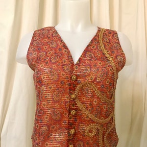 Steampunk Bodice in Semi-Sheer Paisley Lamé Fabric in Rust Gold & Red Tones w/ Button Front and Gold Braiding, Chiffon Lining - Size S