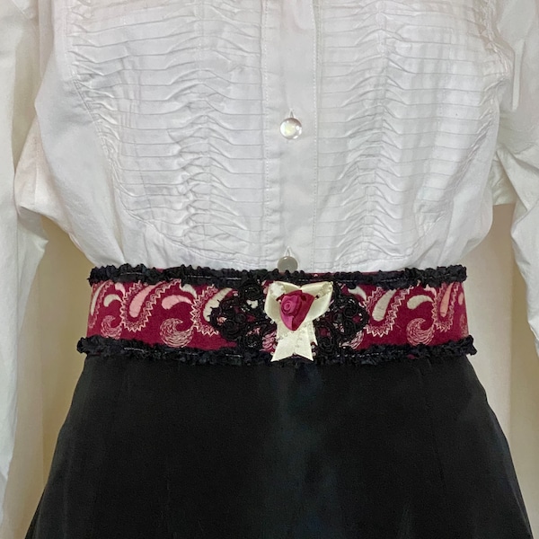 Pink Plush Victorian Waistband or Medici Belt w/Embroidery, Ruffled Ribbon Trim, Rosette and Black Satin Ribbon Ties for Historical Cosplay