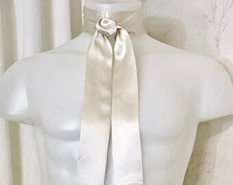 Long Ascot Tie in Ivory Silk Satin Fabric with Square Edges for Victorian Cosplay, Wedding Attire