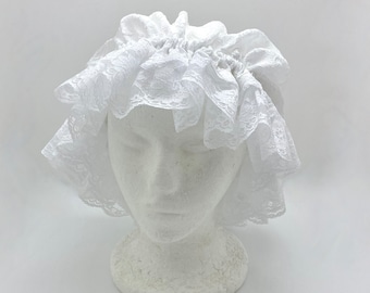 White Mop Cap in Textured Crepe w/White Lace Edgings, Elastic Casing (One Size)