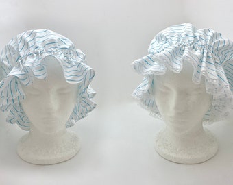 Cotton Mop Cap in White & Teal Stripe with or without White Lace Trim, White Casing with Narrow Elastic, One Size