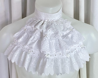 White Cotton Eyelet Neck Ruffle on White Cotton Eyelet Collar with 2 Button Closure