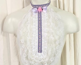 White Ruffled Lace Ascot with Purple Floral Ribbon Center and Satin Ribbon Bow & Rosette on Matching Collar w/2 Button Closure