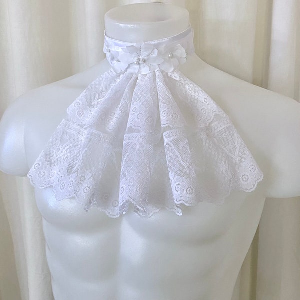 White Lace Jabot, Neck Ruffle on a White Matte Satin Collar with Satin Ribbon Tie Closure for Pirates, Civil War or Victorian Cosplay