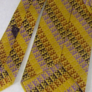 VINTAGE Wide Business Tie in Striped Polyester Fabric in Mustard, Rust, Brown & Light Purple Pixel Design, 54&quot; long