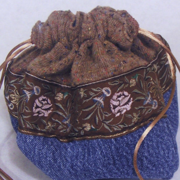 Denim Pouch Purse with Up-Cycled Tan Wool, Floral Woven Ribbon Trim and Tan Satin Drawstring Handles