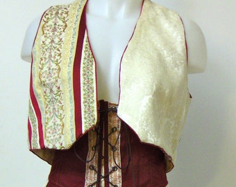 3 Piece Set: Tapestry Vest /Waist Cincher Corset w/Garters and Short Linen Skirt (Size M/L)