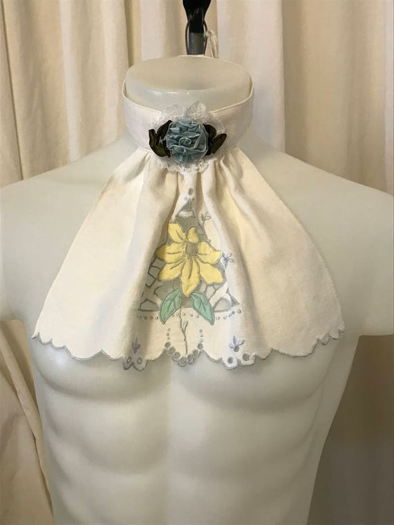Cotton Removable Collar in Off-White Up-cycled Vintage Tea Towel w/Embroidery Details /Ribbon Rose and 2 Flower Shaped Button Closure