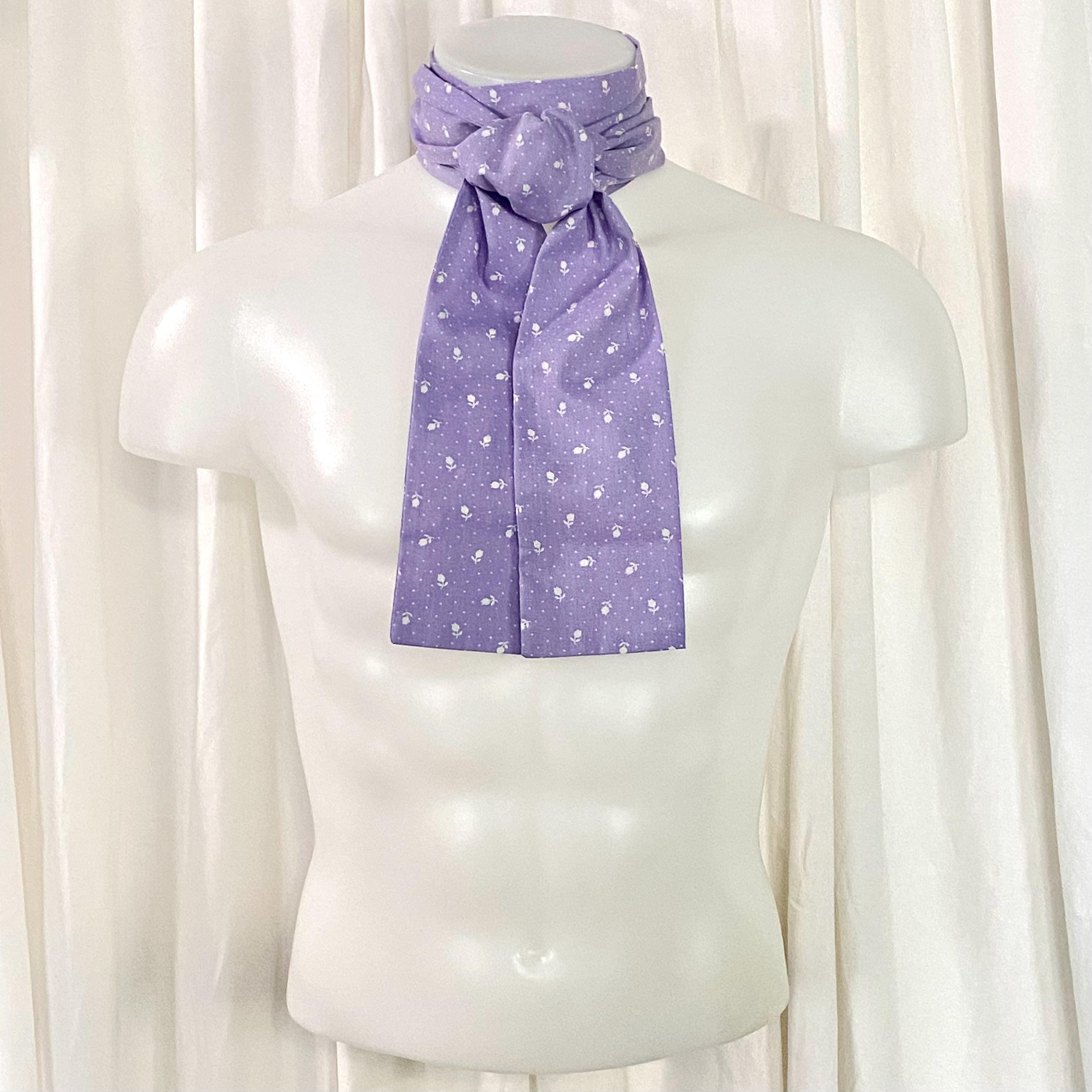 Long Cotton Ascot in Lavender & White Tulip Calico Fabric w/Square Ends for Victorian Cosplay, Wedding Attire, Spring Ascot