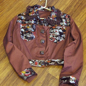 Crop Jacket in Metallic Twill w/Brown Asian Silk Fabric Accents and Artisan Ceramic Buttons, Size M