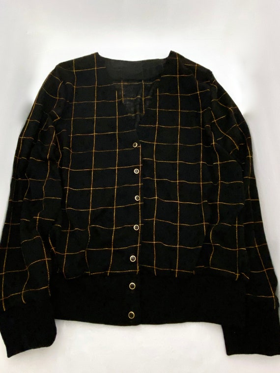 1960s Handmade Cardigan in Black & Orange Grid Pr… - image 6