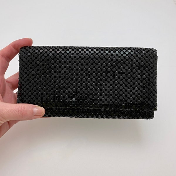 Vintage Black Metal Mesh Trifold Wallet Purse with Snap Closure, Faux Leather, Credit Card Slots, Clear Id Slot, Zipper Coin Compartment