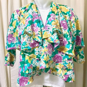 Teal Flutter Jacket Shrug in Vintage 1980's Floral Cotton With 3/4 ...