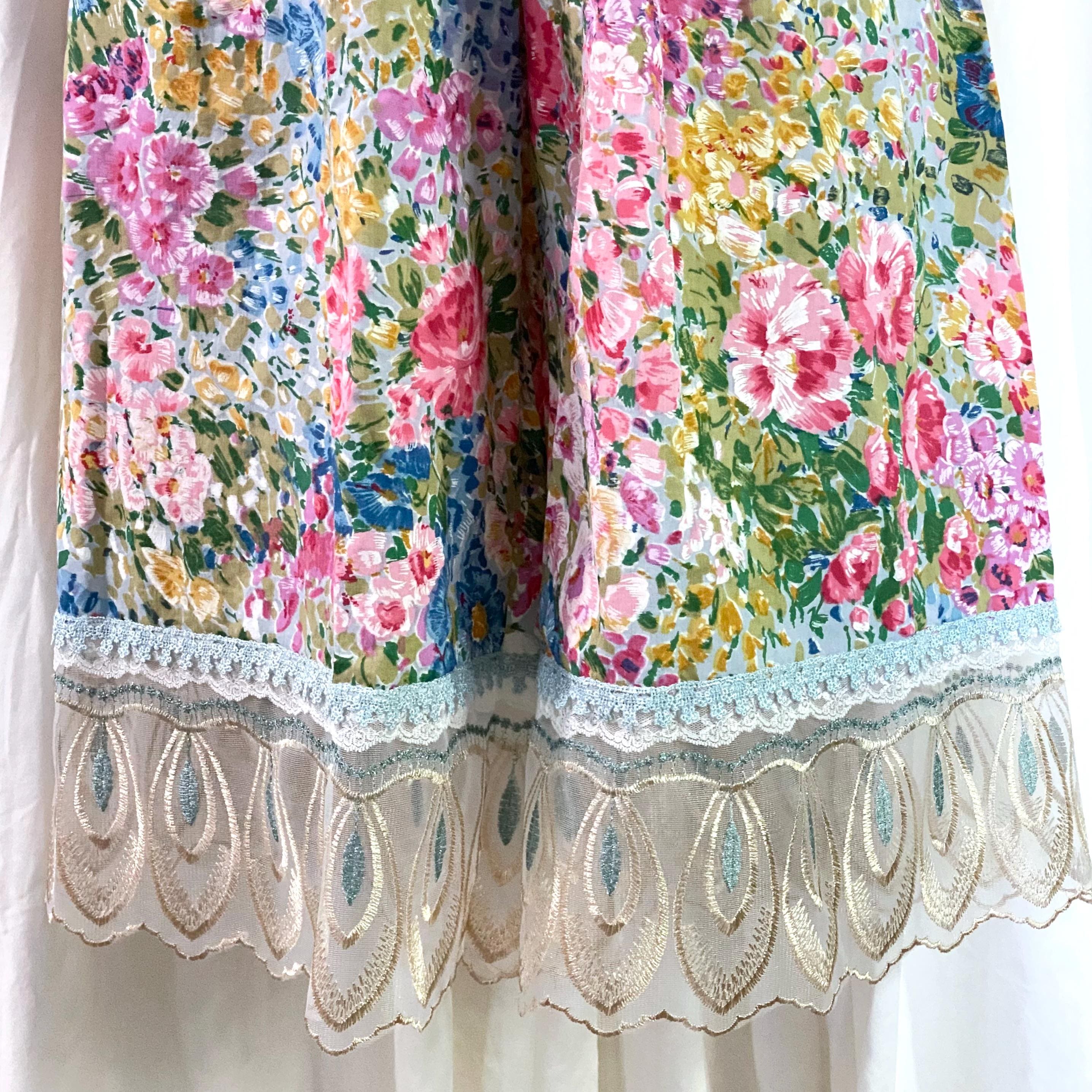 Floral Bloomers in Cotton-Linen Blend w/Blue Lace, Peach & Blue Embroidered Mesh, Ivory Sparkle Lace, Size 2X