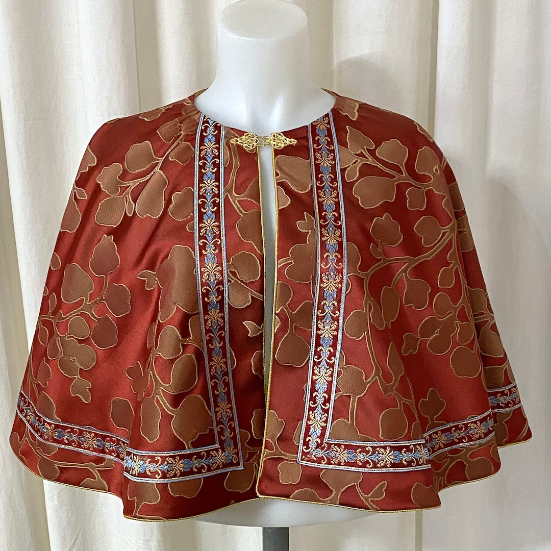 Midi Cape in Burgundy Russet & Gold Silk Print W/woven Ribbon and Gold