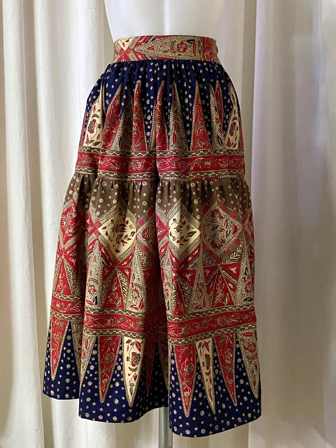 Cotton Peasant Skirt in Red Tan Navy Print W/fitted Waistband, Hidden