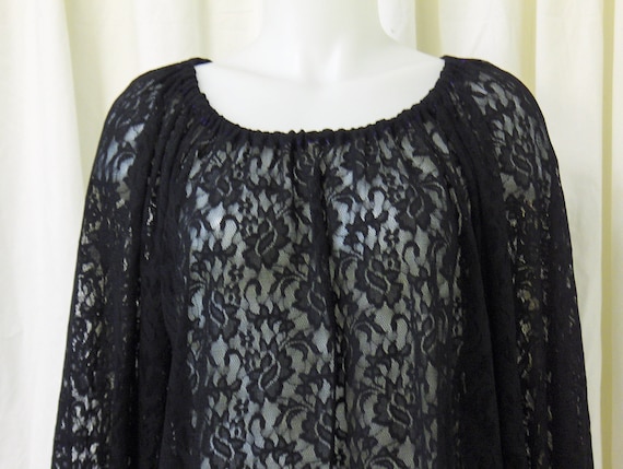 Sheer Black Lace Peasant Blouse for Gothic Vampire Costume w/Long Sleeves & Purple Ribbon Accents, Size S