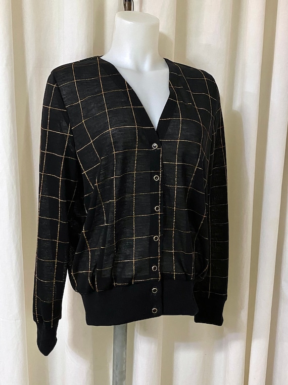 1960s Handmade Cardigan in Black & Orange Grid Print, Semi-sheer with Long Sleeves, Button Front, Size S/M