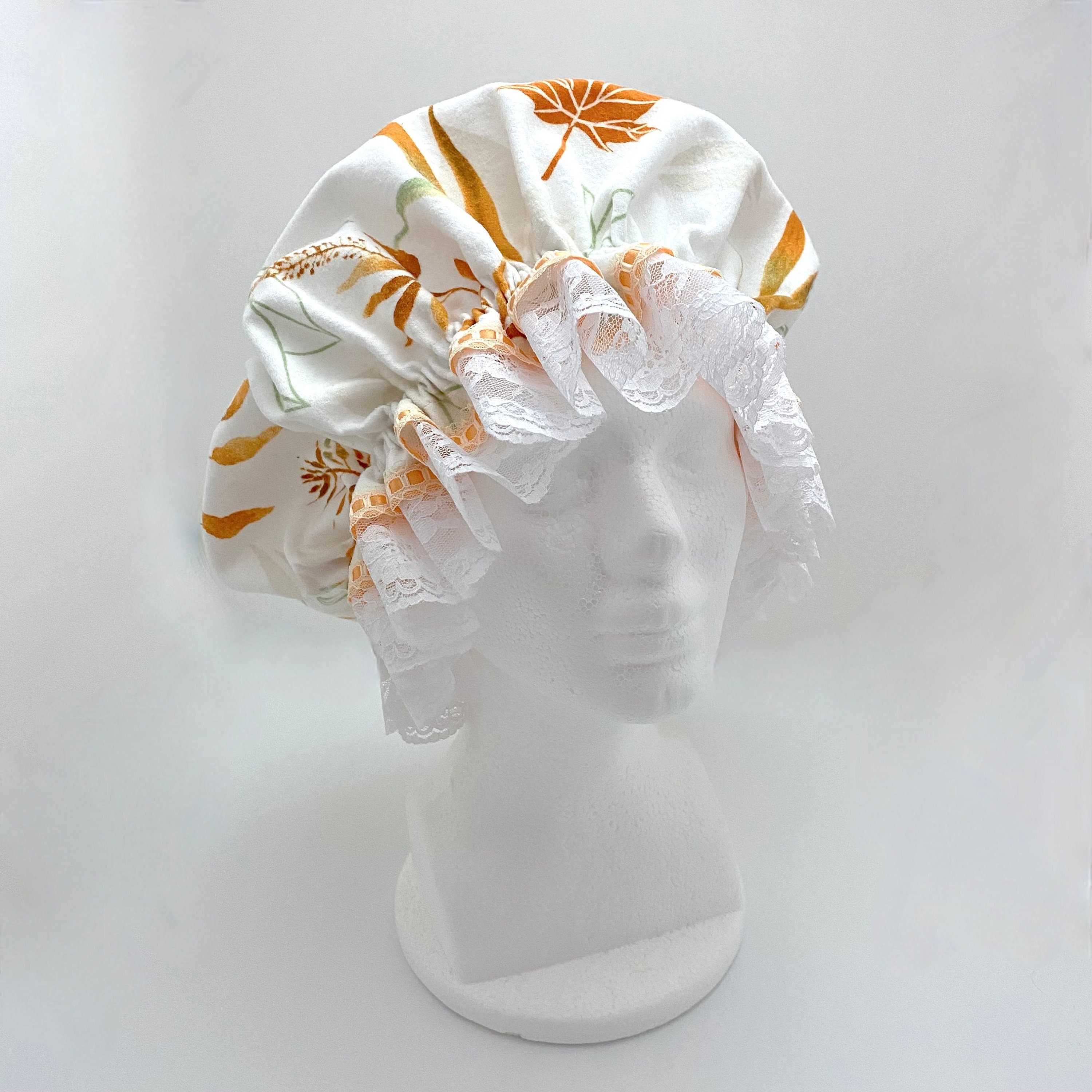 Cotton Flannel Nightcap in White Orange Green & Brown Autumn Print and Elastic Casing, One Size