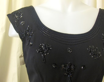 VINTAGE 1960's Black Beaded Formal Gown with Scoop Neck, Cap Sleeves, Beaded Bodice, Size Small