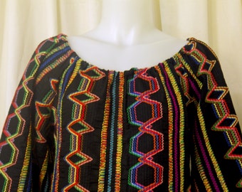 Sugar Skull Peasant Blouse in Black Cotton w/Colored Embroidery & Long Sleeves for Día de Muertos /Day of the Dead Cosplay, Size XS/S